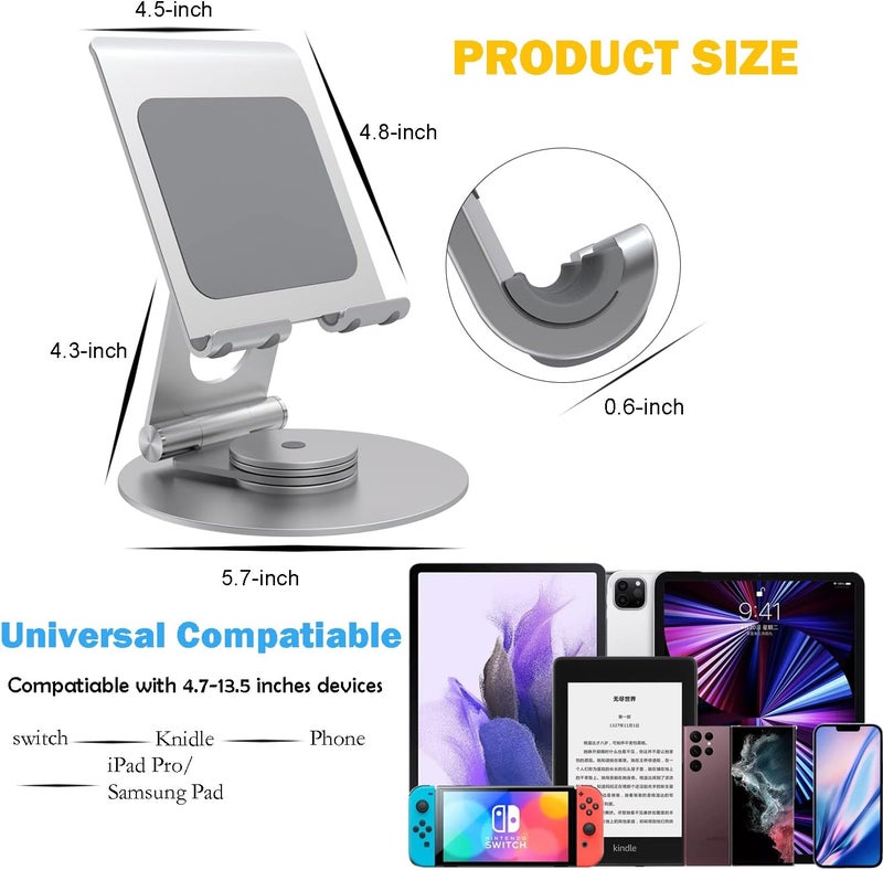 KABCON Swivel Tablet Stand, Aluminum Portable 360°Rotating Holder for Desk,Business,Kitchen,Desktop,Table Stand for iPad Pro 9.7,10.5,12.9/Air Mini,Tab,Fire,Nexus,E-Reader-Silver - Image 2